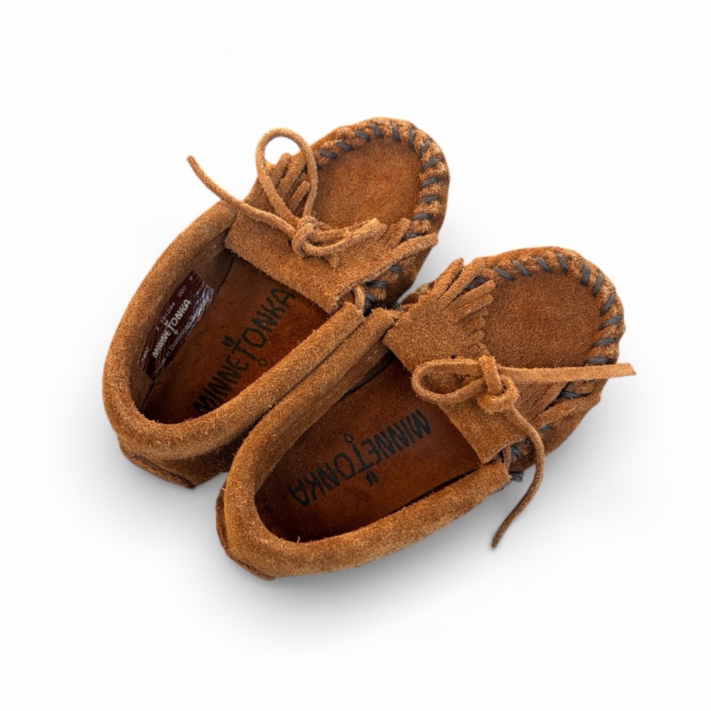 Minnetonka Kids Kilty Suede Moccasins Brown Fringe Slip On Shoes Size 7